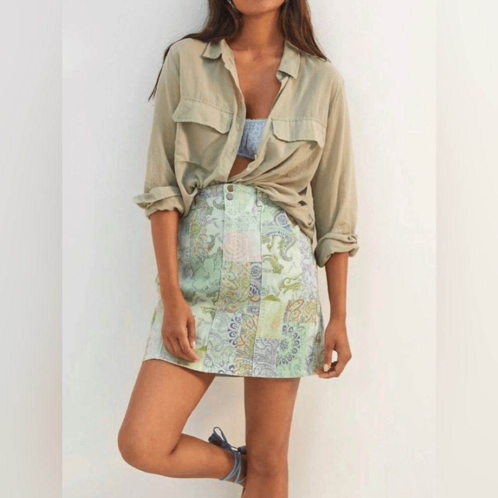 Anthropologie Pilcro Patchwork Denim green Mini Skirt size 2